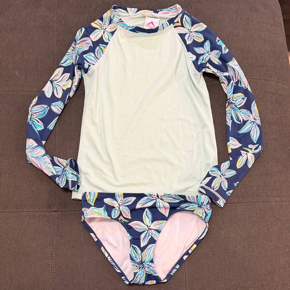 Kami Surf Blue Floral Kids Swim Set - Rash Guard Set Size 8